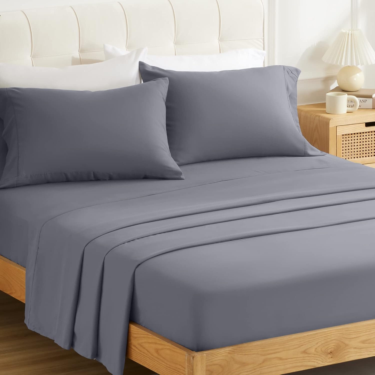 Sonive Queen Bed Sheets Set, 4 Pieces Bedding Sheets & Pillowcases with Fitted Sheet Natural Cool Soft Brushed Microfiber Sheet, Deep Pockets & Breathable Navy