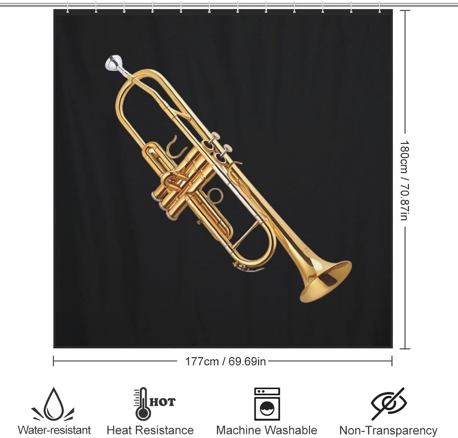 Gold Trombone Funny Shower Curtains Washable Bath Curtain Liner with Hooks for Bathroom Bath Tubs