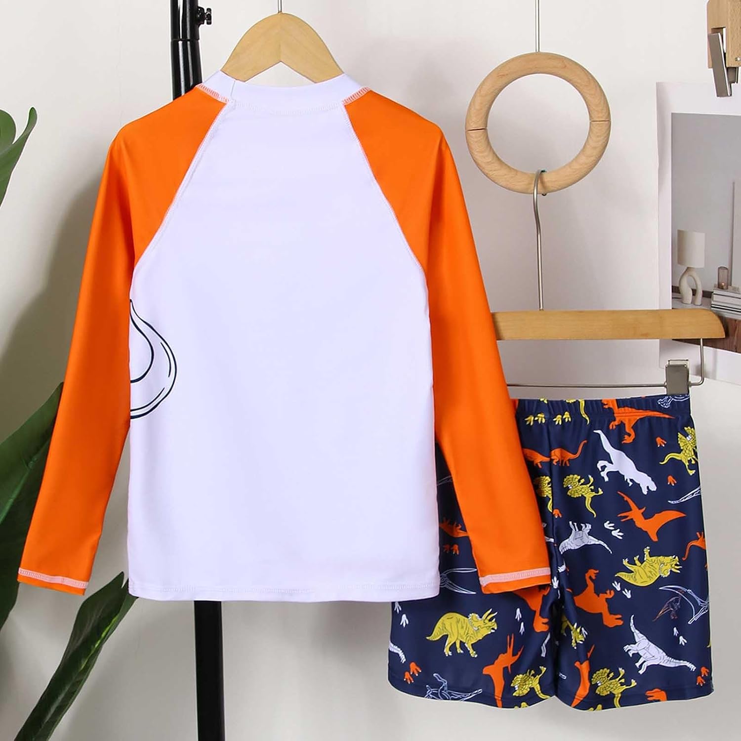 Swimming Top and Boys Swim Trunks 2 Piece Quick Dry Long Sleeve Swimwear Boys Dinosaur Print Round Neck Beach Rash Guard Sets