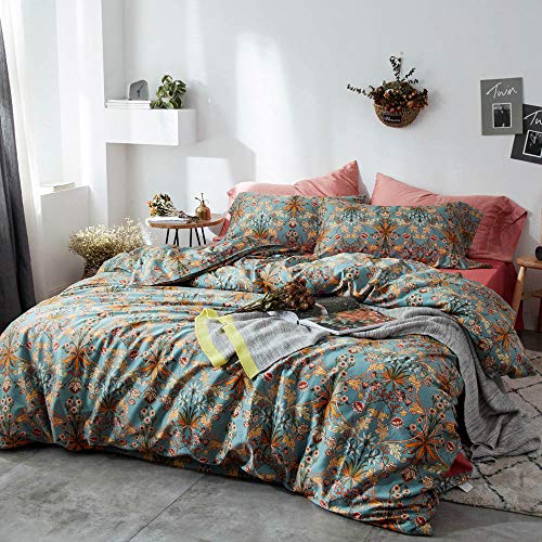 Vintage Style Garden Flower Duvet Cover Set with Zipper Closure Soft Cotton Yellow Flower Pattern on Blue Bedding Quilt Cover Set(King,Autumn)