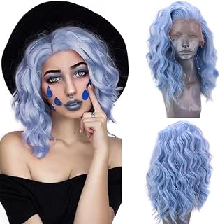 RDY Short Blue Wigs for Women Free Parting Short Bob Wave Lace Front Wigs Natural Hairline Synthetic Fiber Hair Pre Plucked Wedding Party Cosplay Wigs 16Inches