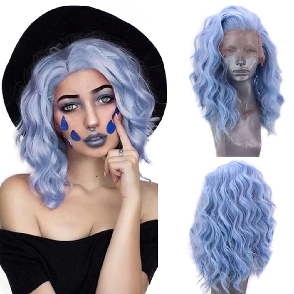 RDY Short Blue Wigs for Women Free Parting Short Bob Wave Lace Front Wigs Natural Hairline Synthetic Fiber Hair Pre Plucked Wedding Party Cosplay Wigs 14Inches