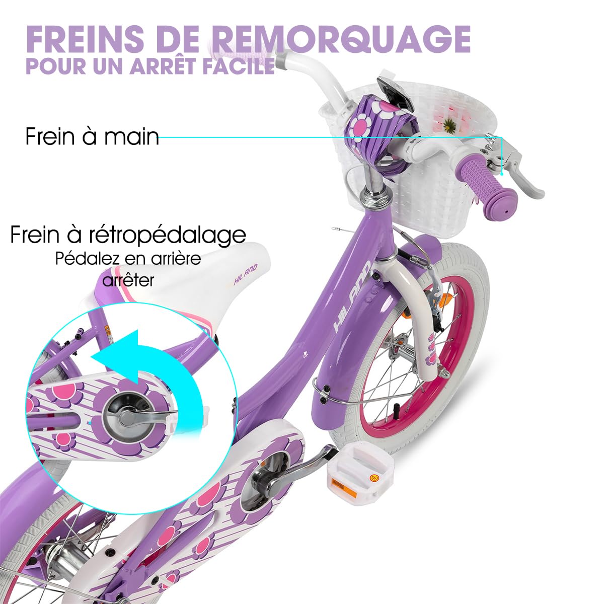 HILAND Vélo Fille 12 14 16 Pouces avec Roues Stabilisatrices et Panier, Frein à Main et Rétropédalage, Rose Violet Blanc