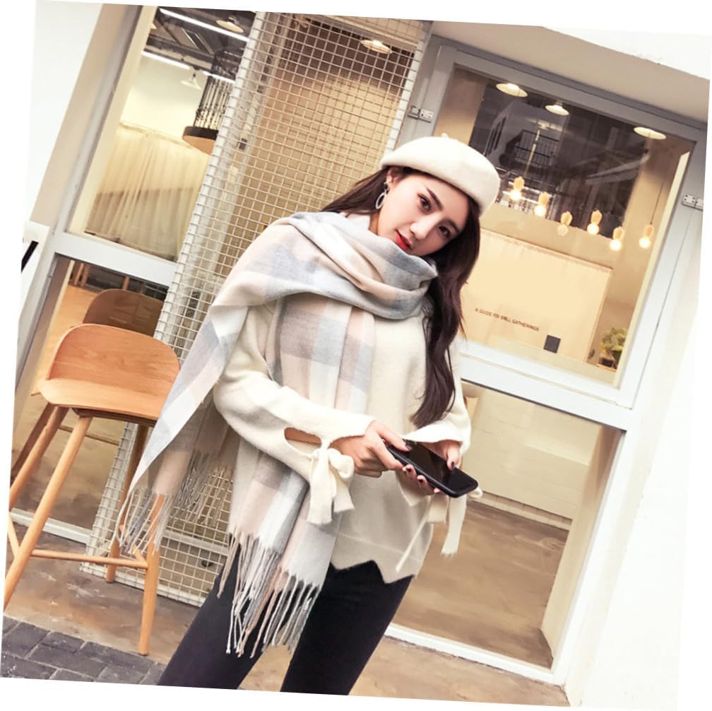 LIFKOME 2pcs Cashmere Scarf Warm Thicken Lattice Shawl Tassels Stylish Outdoor Accessory for Cold Weather White Grey