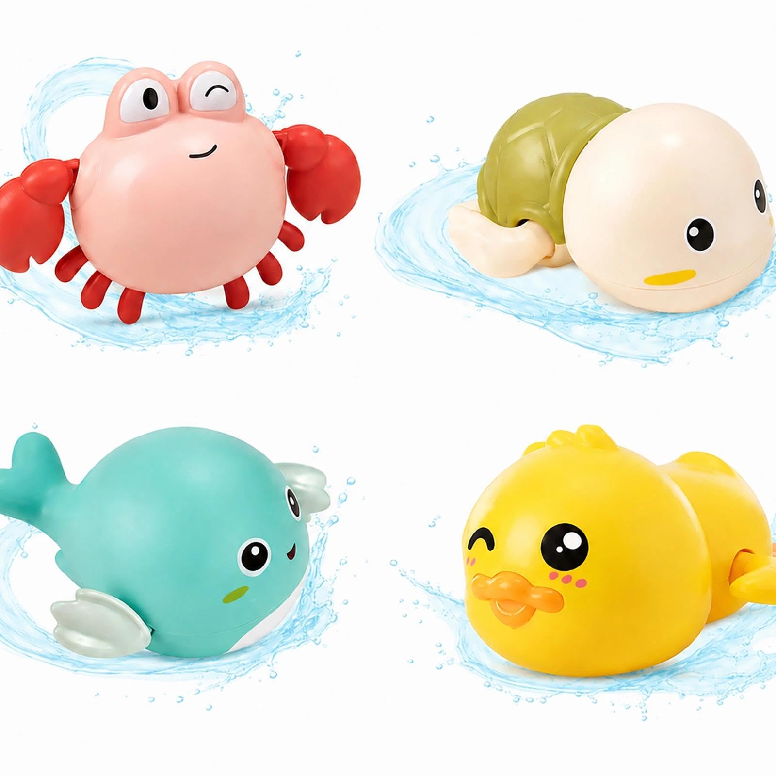 Wind Up Bath Playset, 4 Pack Floating Duck,Turtle, Crab & Dolphin Water Fun for Bath Tub，Paddling Pool and Swimming Pool, Swimming Animal Pool Accessories