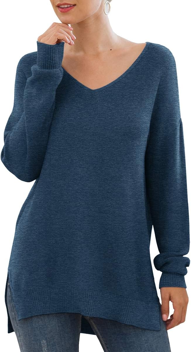GRECERELLE Women's V-Neck Long Sleeve Side Split Loose Casual Knit Pullover Sweater Blouse at  Women’s Clothing store