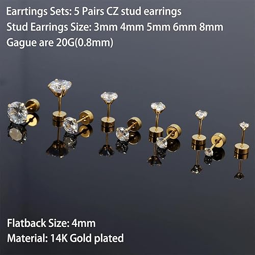 Miniatura 3 de Delicados 6 pares de aretes para múltiples piercings, ligeros chapados en oro de 14 quilates, pequeños aretes tipo dormilona con parte trasera