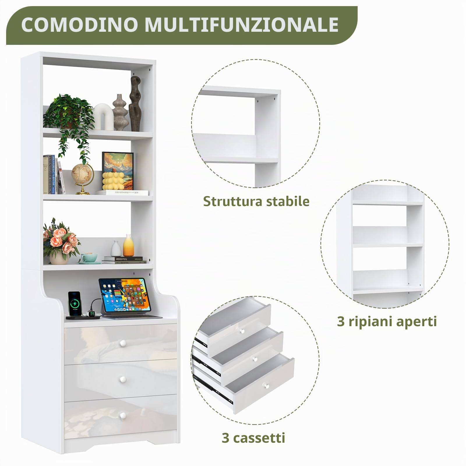 Comodino Camera da Letto Moderno Con Stazione di Ricarica, Comodini Camera da Letto con 3 Scomparti a 3 Cassetti, Grande Tavolino da Letto Tavolo da Divano Soggiorno 40x50x176cm Cassettiera Bianco