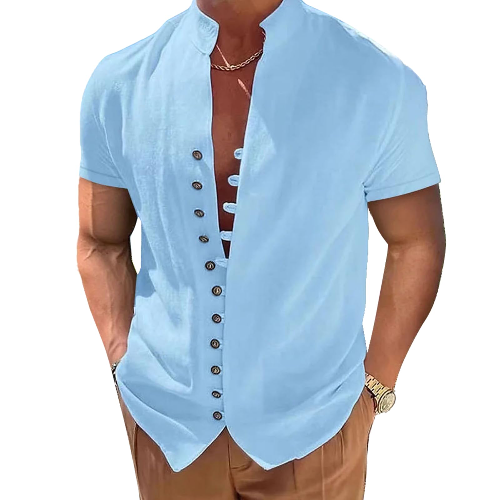 SearchI Camisa de Algodón Lino Manga Larga/Corta Hombre Henley Shirts Camisas Informales de Verano Camisa Suelta de Color Sólido con Botónes Top Regular Fit,Talla S de 3XL