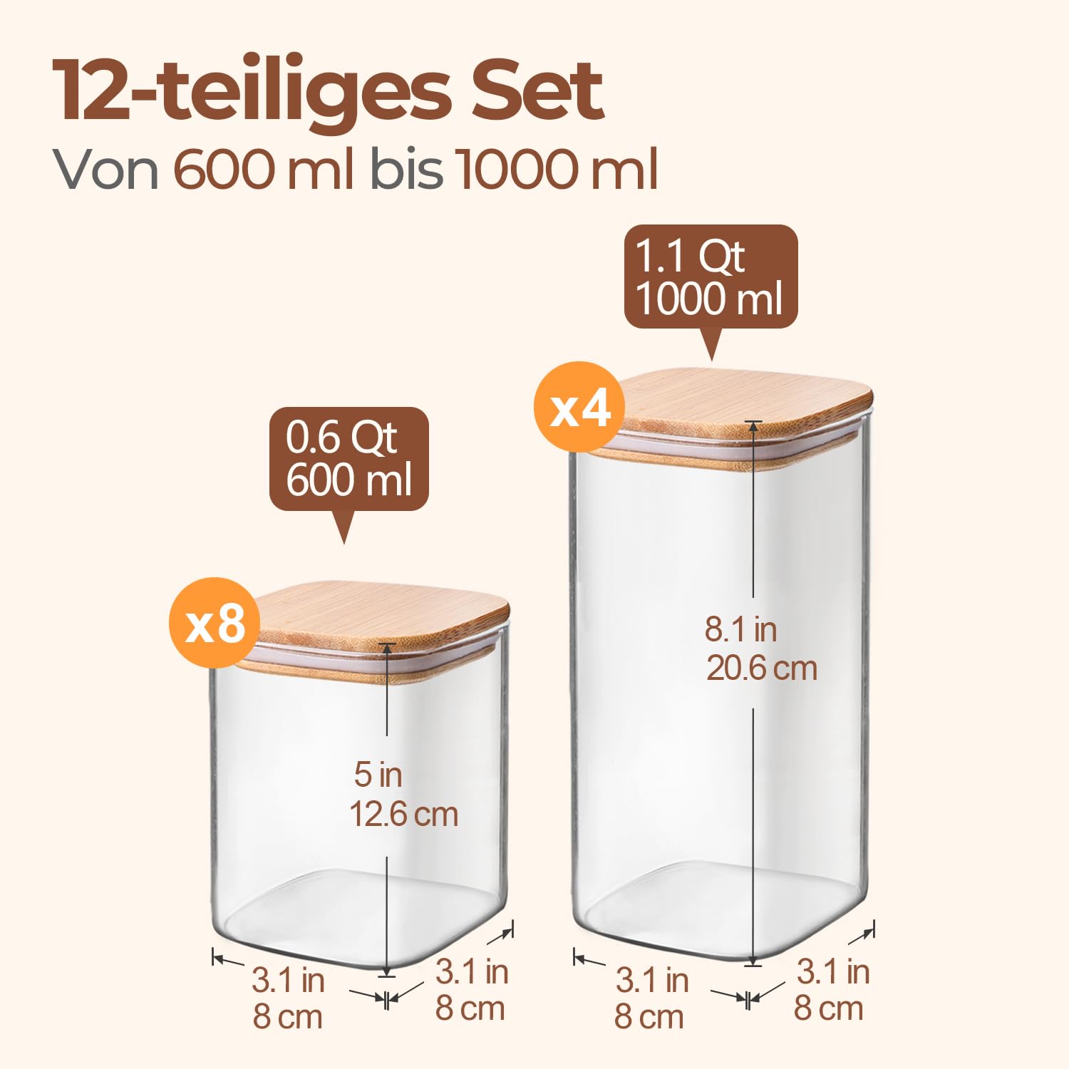 ComSaf Vorratsgläser, Glasbehälter mit Deckel, Vorratsdosen Glas 1 L×4/600 ml×8, 12er Set Vorratsgläser mit Deckel Luftdicht, Vorratsglas, Aufbewahrungsgläser Aufbewahrung Küche für Müsli, Cerealien