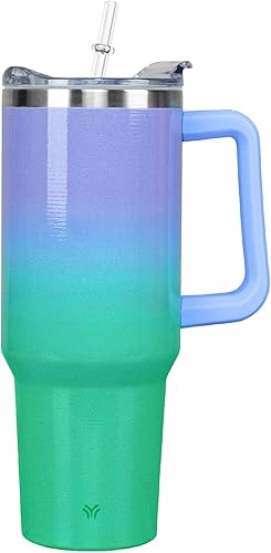 Wesncdch Vaso de 40 onzas con asa y tapa con pajilla, vaso aislado al vacío a prueba de fugas, taza de agua de viaje de acero inoxidable que se
