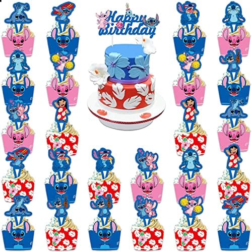 49pcs Stitch Cupcake Topper and Cupcake Wrapper,Happy Birthday Cupcake Decorations for Boys Girls Birthday Baby Shower Party Supplies