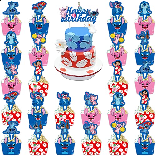 49Pcs Stitch Cupcake Topper And Cupcake Wrapper,Happy Birthday Cupcake Decorations For Boys Girls Birthday Baby Shower Party Supplies #TOP3