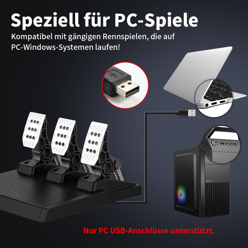 DOYO Racing Pedale PC Gaming Lenkrad 3-Pedal Set, Austauschbare Federn, Einstellbarer Bremswiderstand, Hall-Technologie
