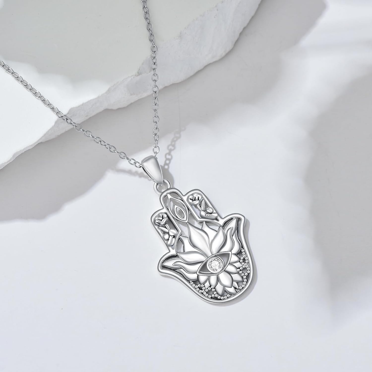 Hamsa Lotus Necklace for Women 925 Sterling Silver Hand of Fatima Pendant Evil Eye Lotus Flower Jewelry Gifts for Yoga Lover Mom Wife Girlfriend - Image 3