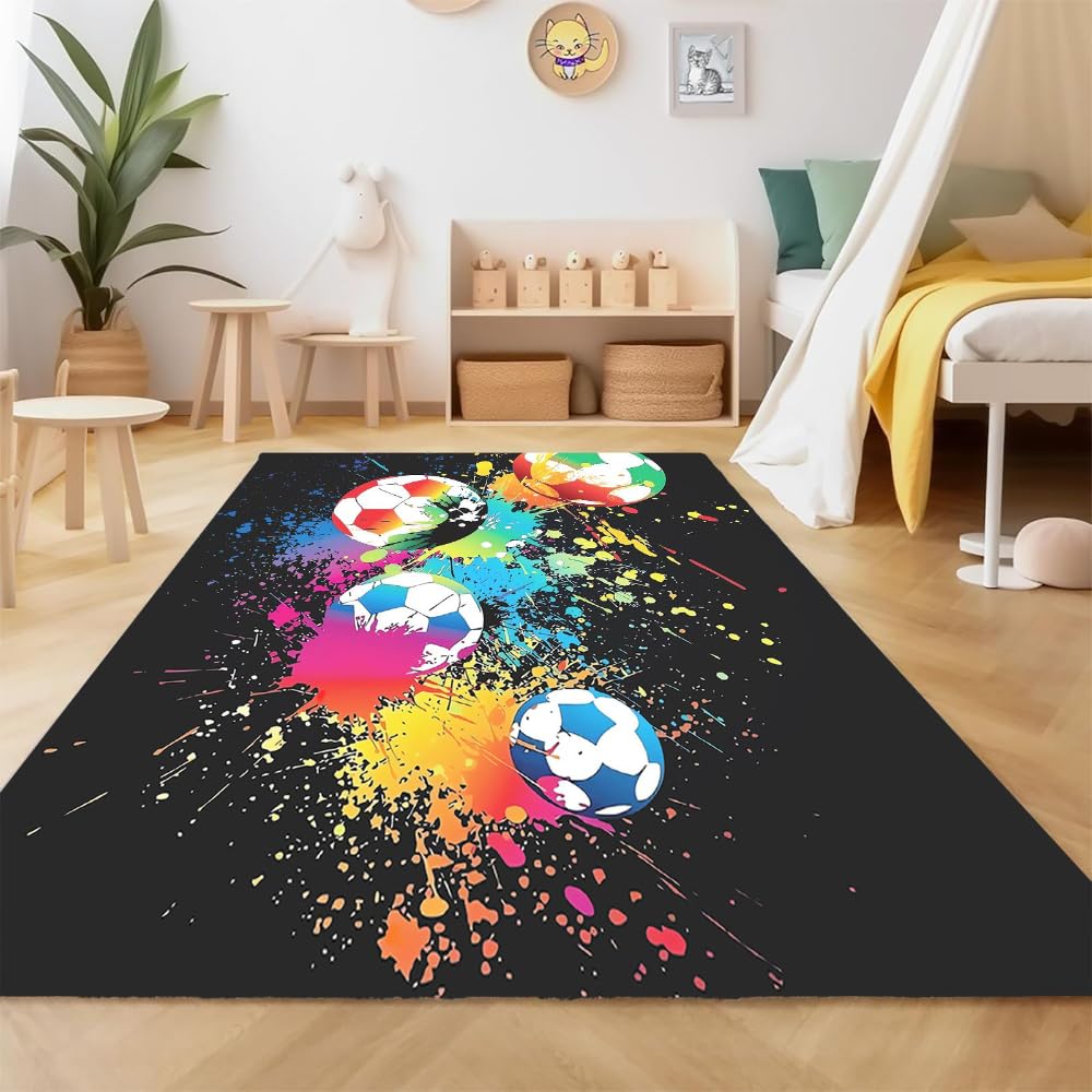 Fußball Mit Farbspritzern Teppich，Cartoon-Muster Teppich 80x160cm，Wohnzimmer Schlafzimmer Kinderteppich Kinderzimmer Mädchen Junge