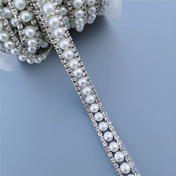 1 Yard Crystal Chain with Pearls and Diamonds Rhinestones - Bridal Embellishments for Wedding Silver