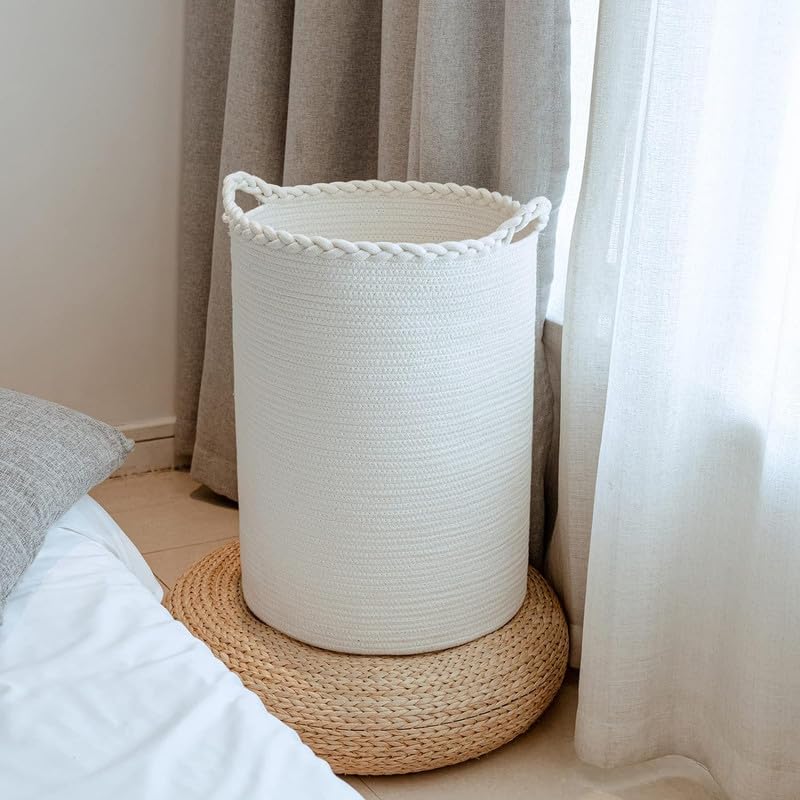 Image of Storage Rope Laundry Hamper Basket for Clothes, Towels and Blankets in Livingroom, Bedroom, Laundry Room and Basket for Nursery Storage (Size - 14 inch x 14 inch x 18 inch) (White Zig Zag)