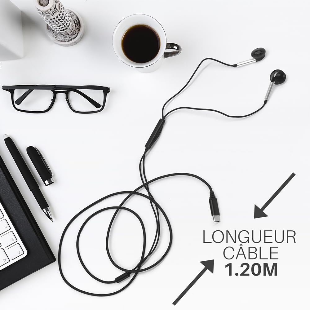Waytex Uniwersalne słuchawki douszne USB-C - kompatybilne z wszystkimi markami, telefonami komórkowymi, tabletami i komputerami - redukcja szumów, regulacja głośności i mikrofonu, zestaw głośnomówiący