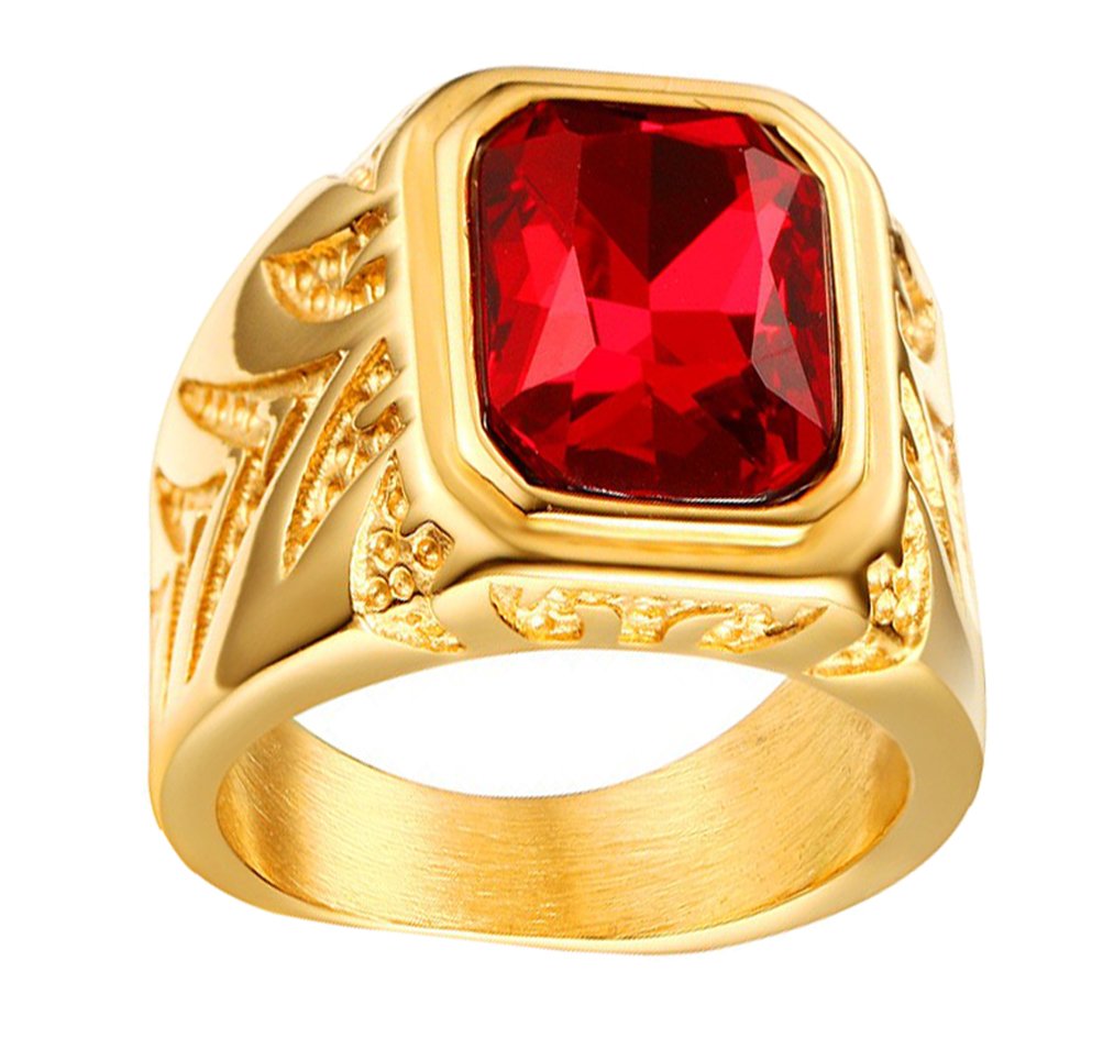 HIJONES Hombres Acero Inoxidable 15.5MM Rojo Diamante de imitación CZ Anillos Oro Chapado