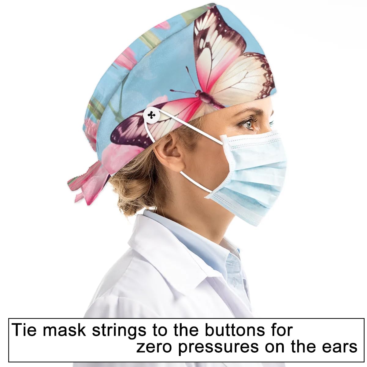 Mularoka Watercolor Flowers Butterflys Working Caps with Button Sweatband Comfortable Adjustable Bouffant Hats Work Hat for Women Men