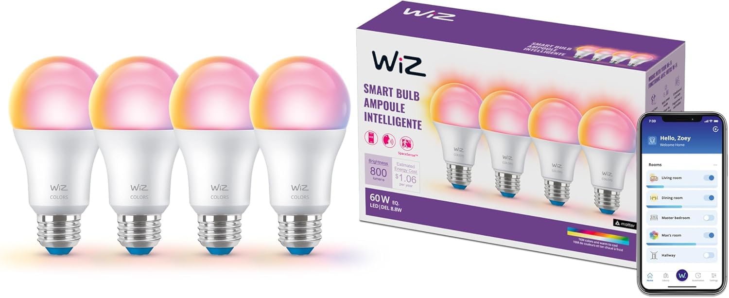 WiZ Connected 60W A19 LED Smart Light Bulbs - Connects to Your Wi-Fi - E26 Smart Bulb - Control with Voice or App + Activate with Motion - Matter Compatible - 4 Pack