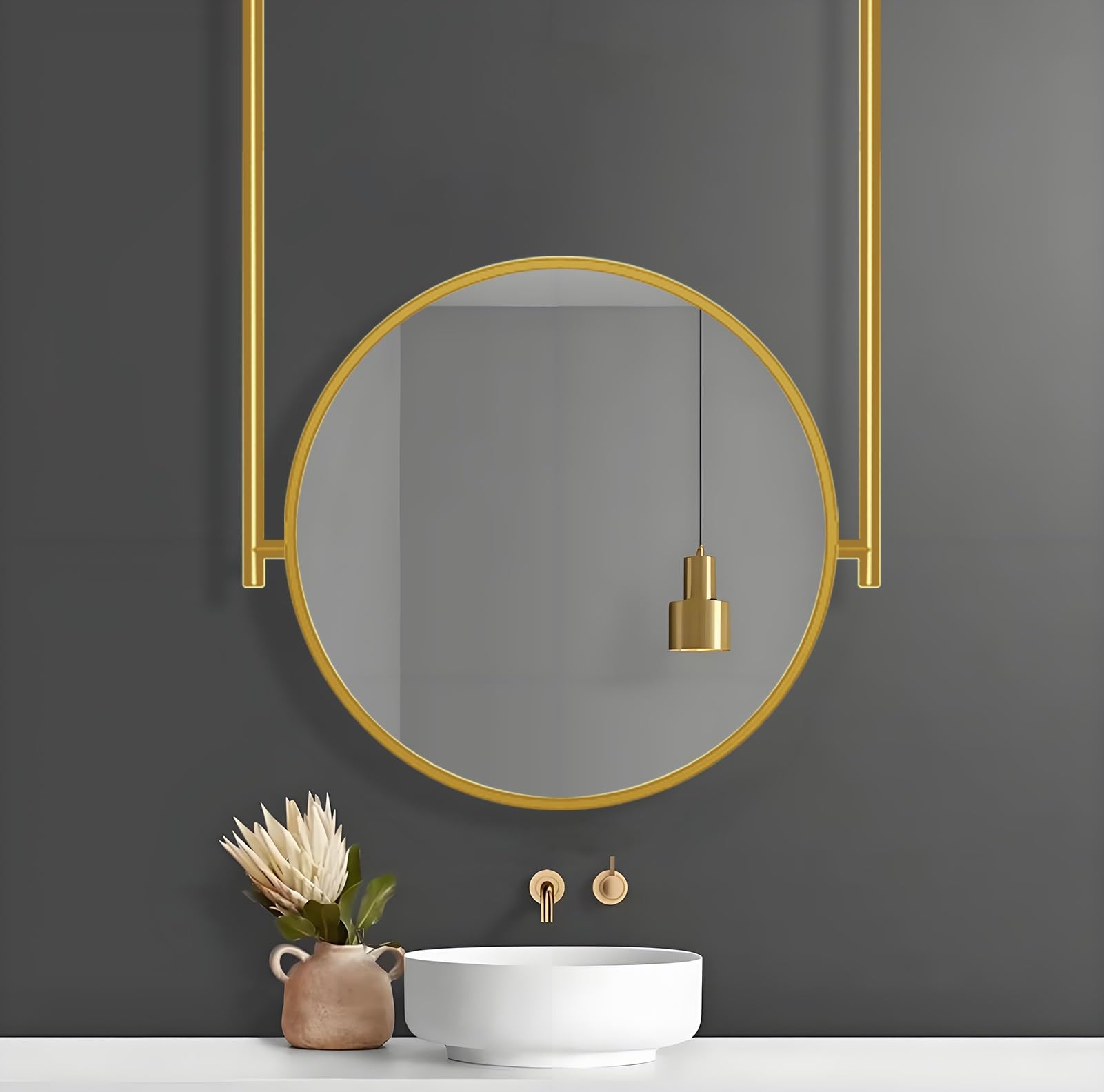 FGXHHS Round Ceiling Mount, Gold Metal Frame Wall Mounted Makeup Hanging Customizable Rod Mirrors, Home and Hotel Vanity Decor Mirror(Diameter-70CM/27.6INCH)