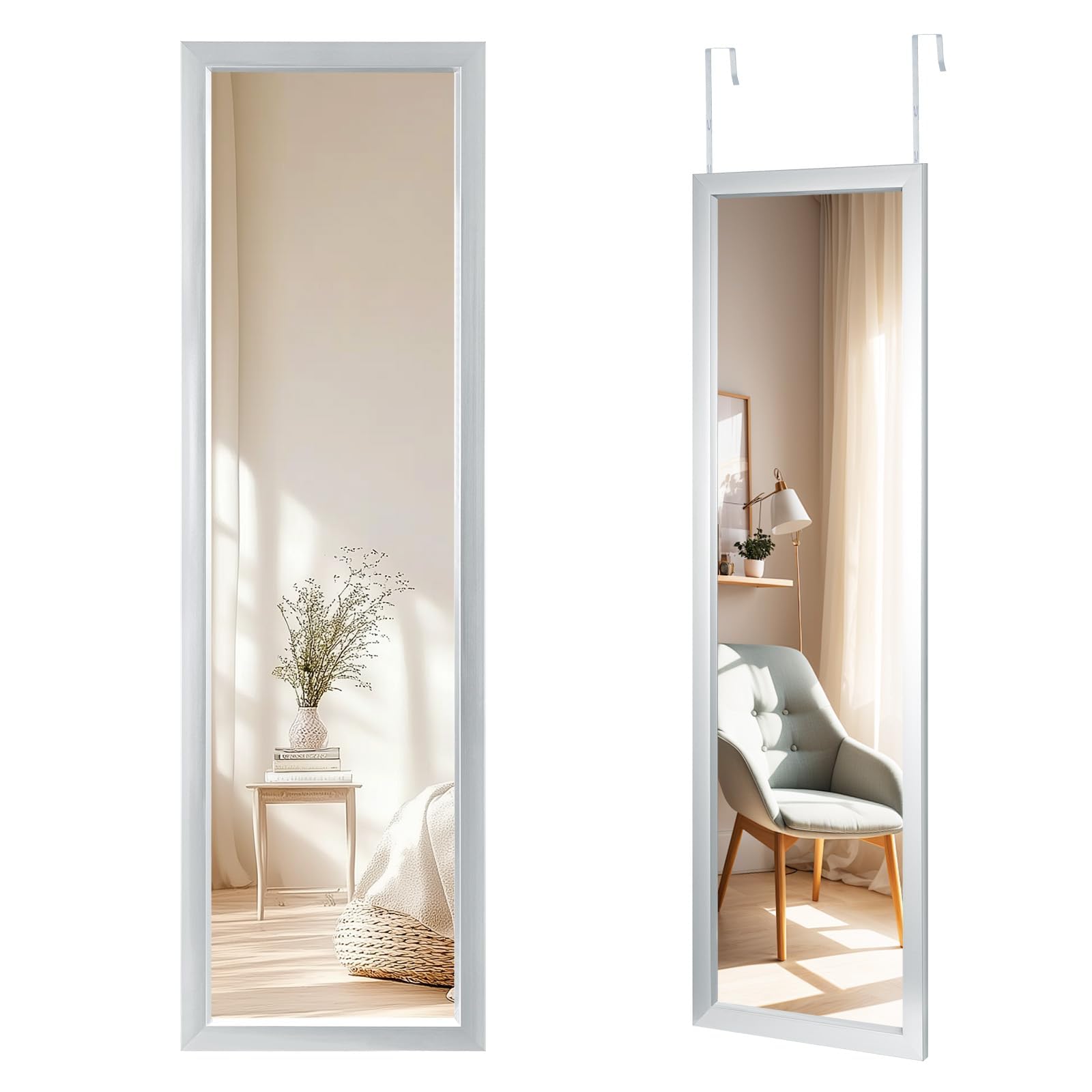 Full Length Mirror 110 × 33 cm White – Over Door & Wall Mounted Dressing Mirror, Full Body Hanging Mirror for Bedroom, Bathroom, Hallway & Living Roo (Silver)