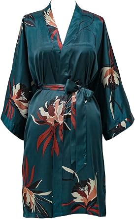 OLDSHANGHAI Luxury Kimono Robe for Women | Short Satin Floral Robe | Original Design | Removable Waist Tie Closure
