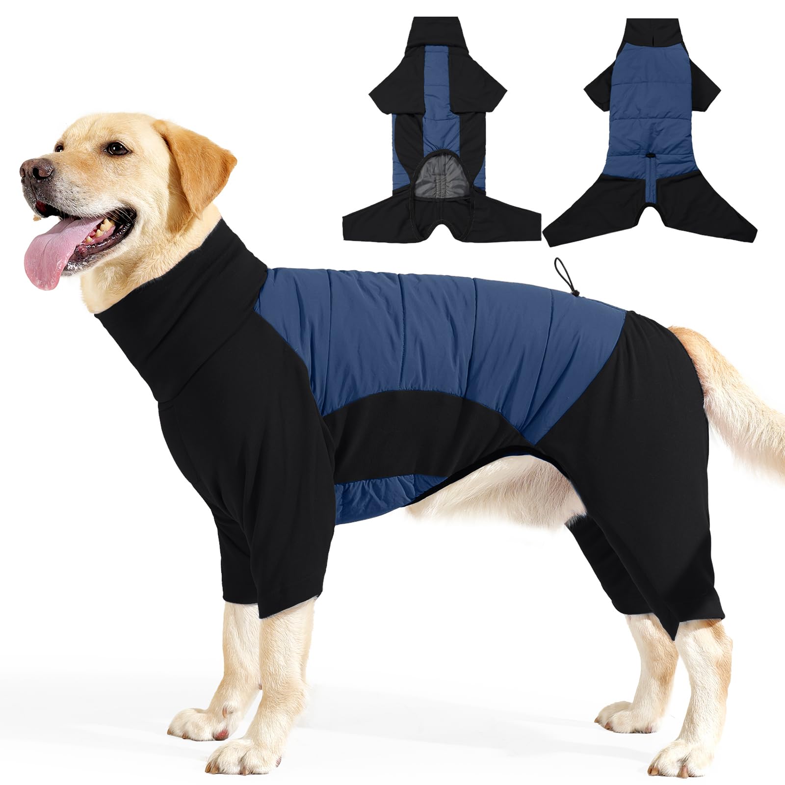BRKURLEG Fleece Dog Coat, Warm Full Body Dog Winter Jacket, Blue Black XXL