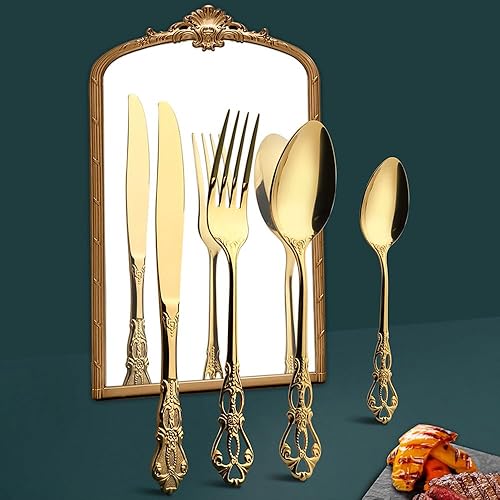 Juego de cubiertos dorados para 4, juego de cubiertos Royal Court de 16 piezas, juego de cubiertos vintage en relieve, incluye cuchara, tenedor y