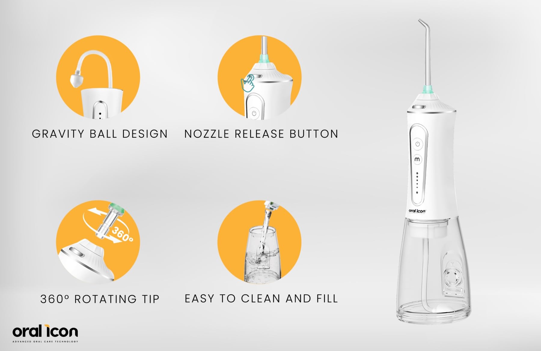 Oral Icon® Irrigador bucal eléctrico con chorro de agua pulsante – Tecnología GumGentle+™ – 5 niveles de presión – Depósito de agua de 300 ml – Inalámbrico – IPX7 resistente al agua – 5 accesorios