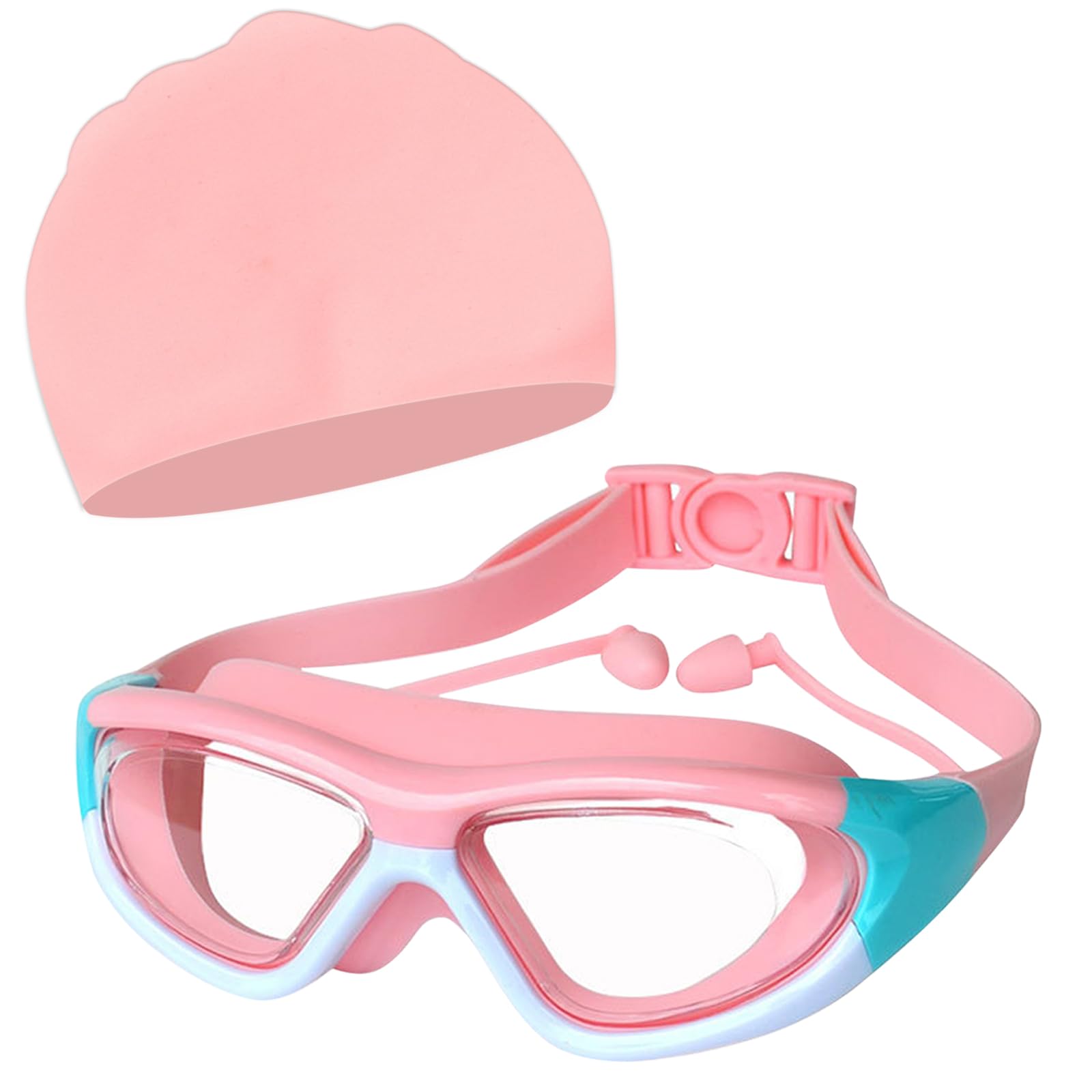 EDLMKM Kids Swimming Goggles 4-16 Years, With Silicone Swim Cap, Wide Vision, Anti-Fog, No Leaking, Soft Silicone Clear Vision Adjustable Uv Protection Swimming Goggles With Ear Plug For Boys Girls