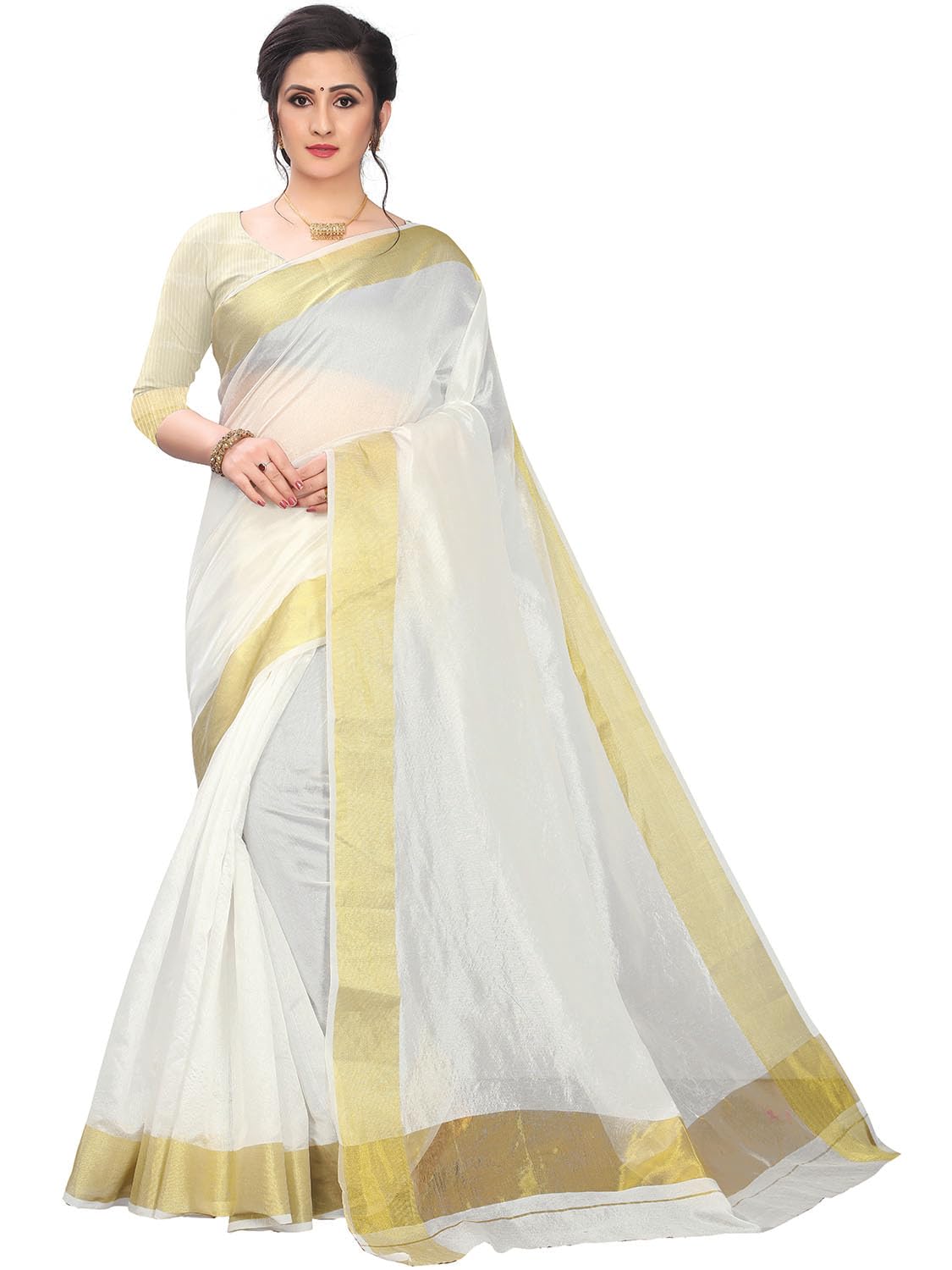 leeza storeWomen's Tissue Cotton Kerala Kasavu Saree With Blouse Piece