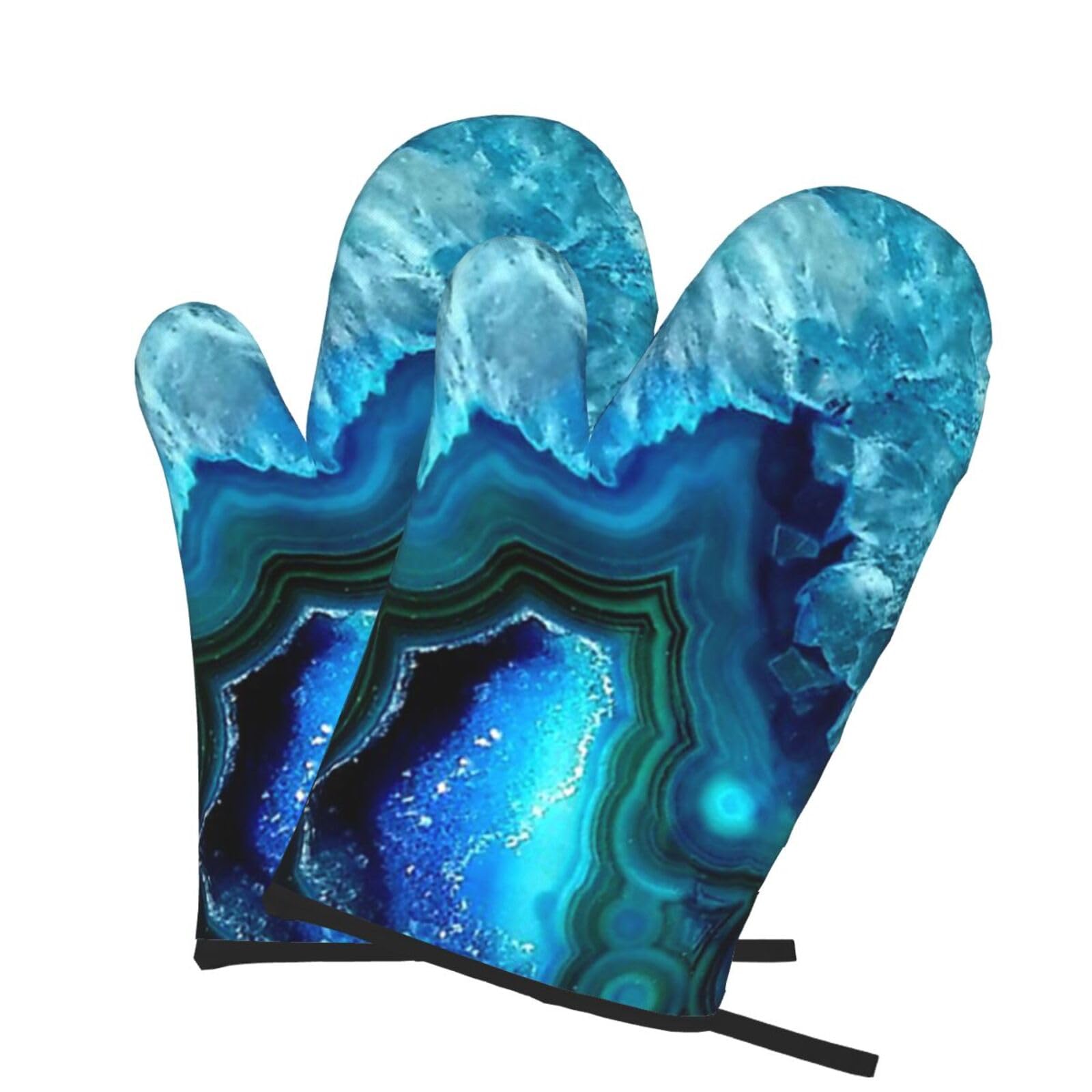 Oven Mitts Set of 2 Pcs, Bright Aqua Blue Turquoise Prints Heat Resistant Kitchen Gloves for Cooking Baking Grilling