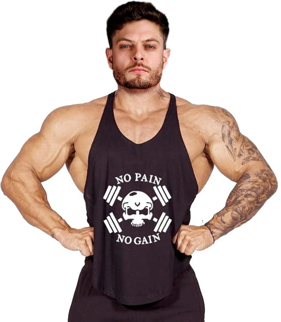 Men's Gym Stringer Tank Top, Black, No Pain No Gain Print-picture-49