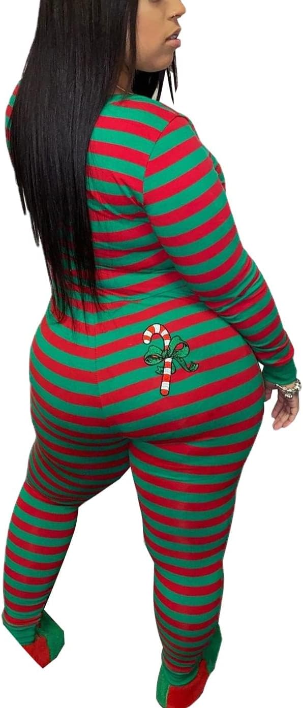 Aopwsrlyi Christmas Jumpsuit for Women One Piece Pajamas Long Sleeve Front Button Striped Jumpsuit Sexy Romper Sleepwear - Image 3