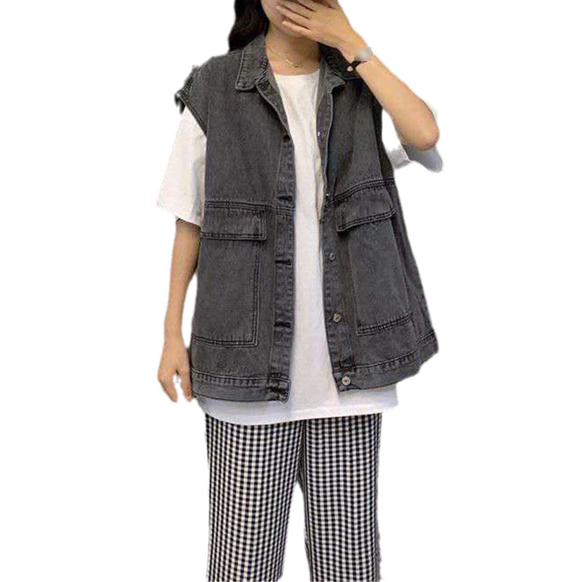 Canotta in denim blu da donna vintage grande tasca nero denim canotta senza maniche cardigan giacca, Nero , 3XL