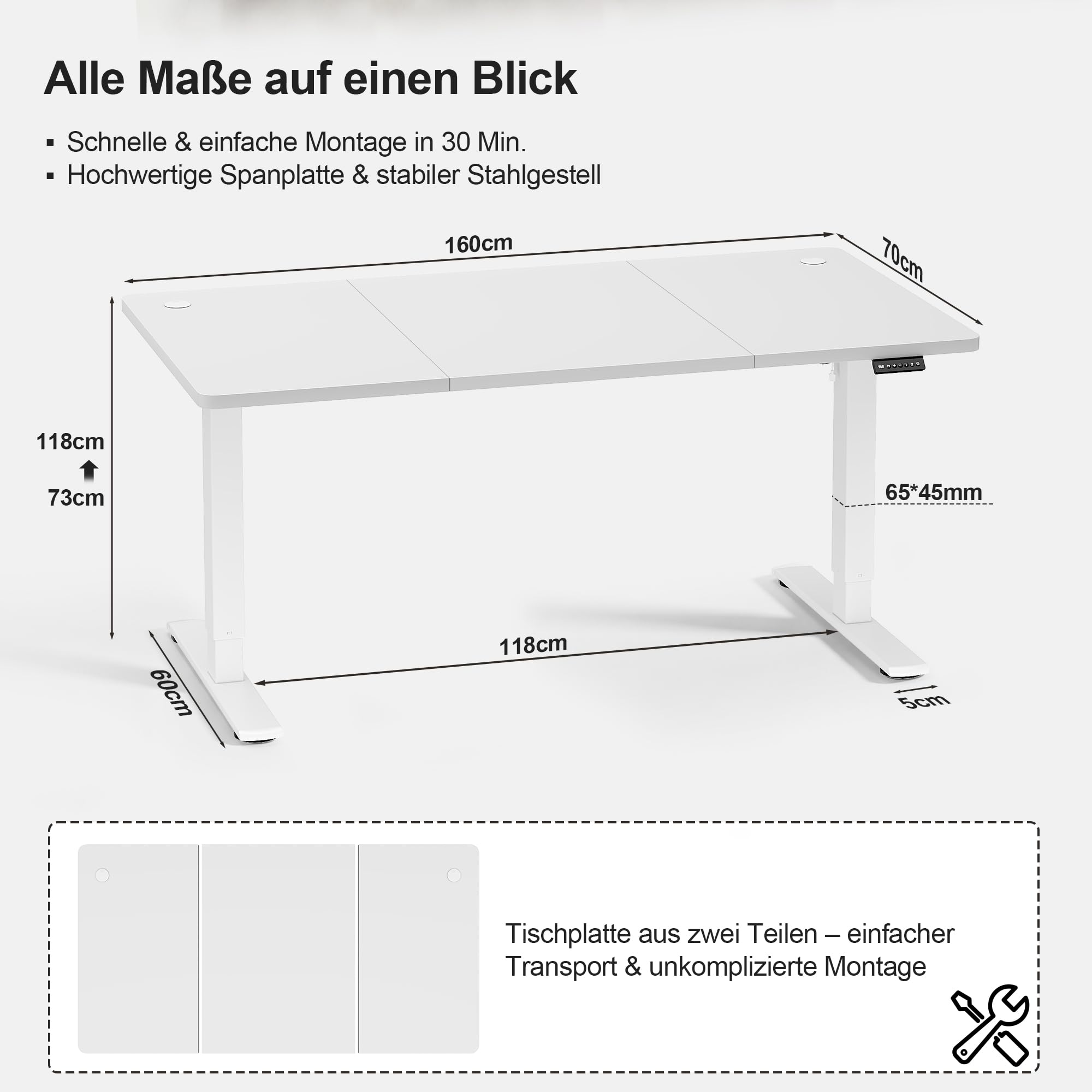 JUMMICO 160x70cm Höhenverstellbarer Schreibtisch, USB-Anschluss, 2 Höhen Memory-Funktion, Anti-Kollisions, Erinnerungsfunktion