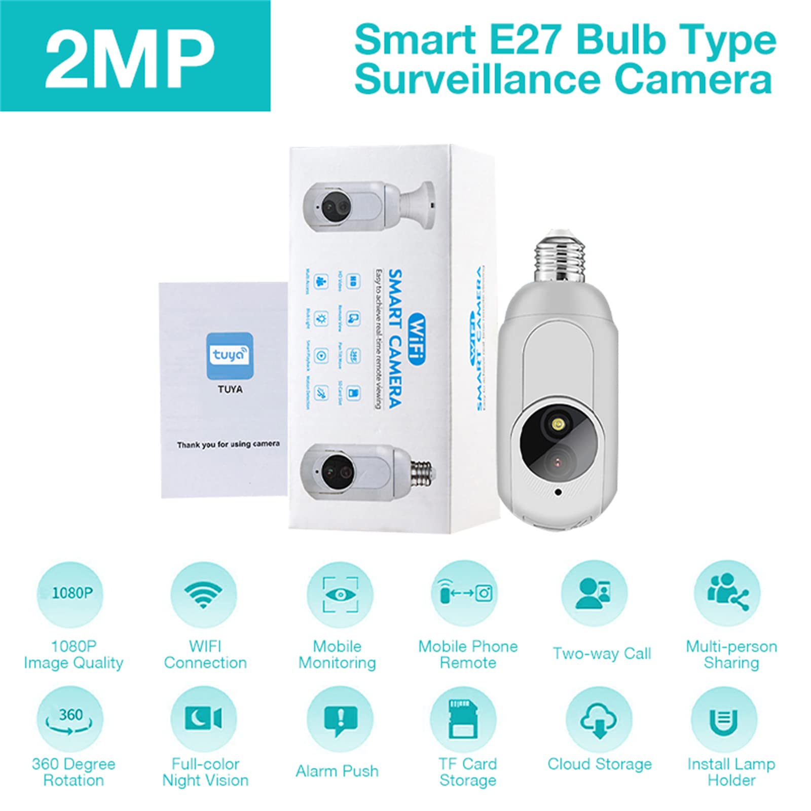 TUYA 2MP WiFi Lampe Ampoule Caméra De Surveillance Suivi Humain Automatique Prise IP Moniteur Vidéo Moniteur De Sécurité Vision Couleur, Audio 2 Voies,32g