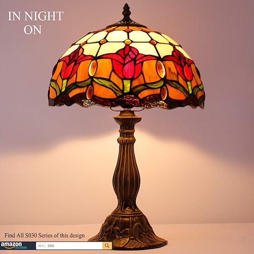 Miniatura 3 de WERFACTORY Tiffany Lámpara de mesa estilo tulipán flor mesita de noche luz de escritorio 12 x 12 x 18 pulgadas decoración dormitorio sala de estar