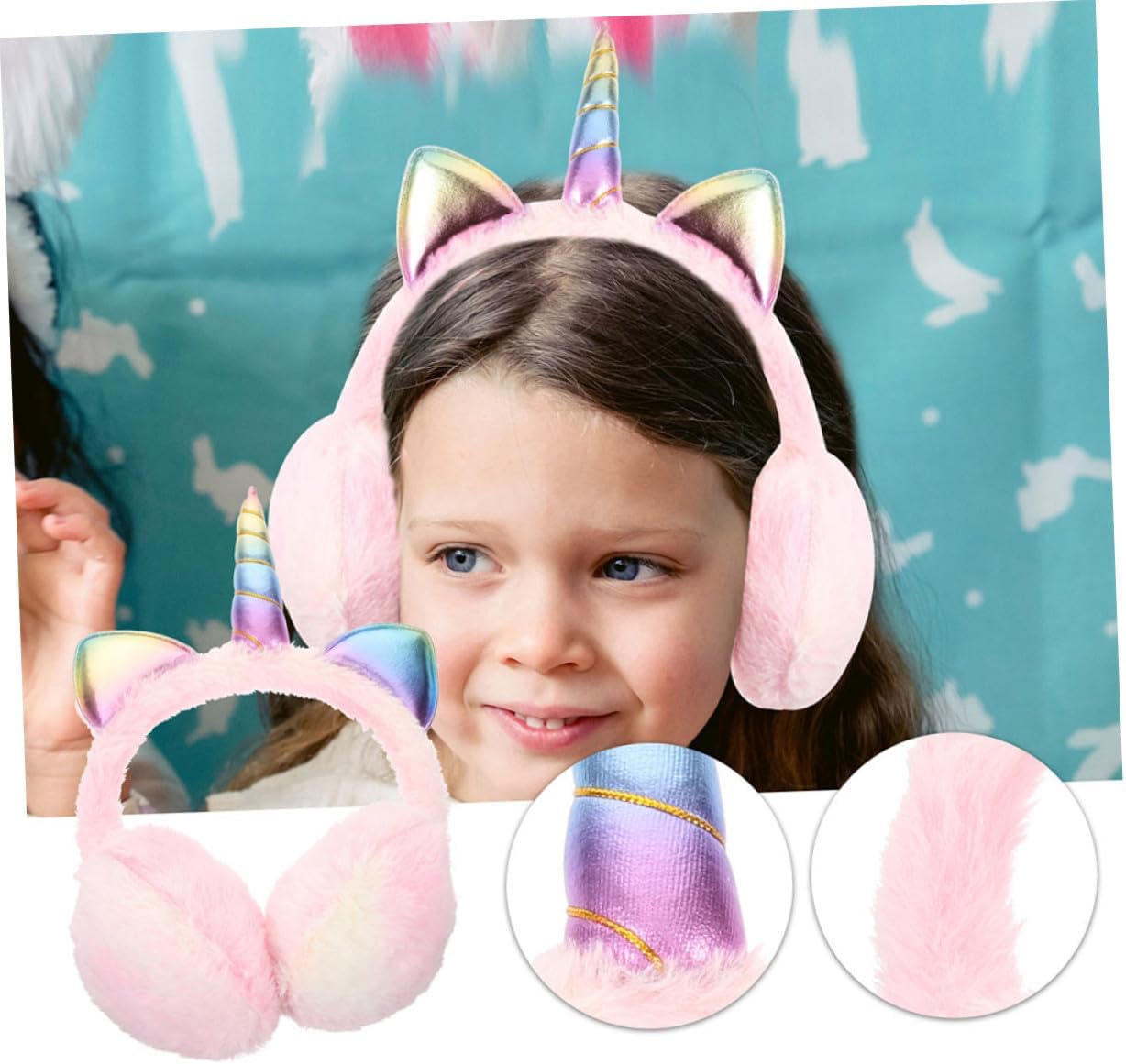 2pcs Foldable Plush Unicorn Ear Warmers Pink Winter Earmuffs for Women Outdoor Indoor Cozy Ear Muffs