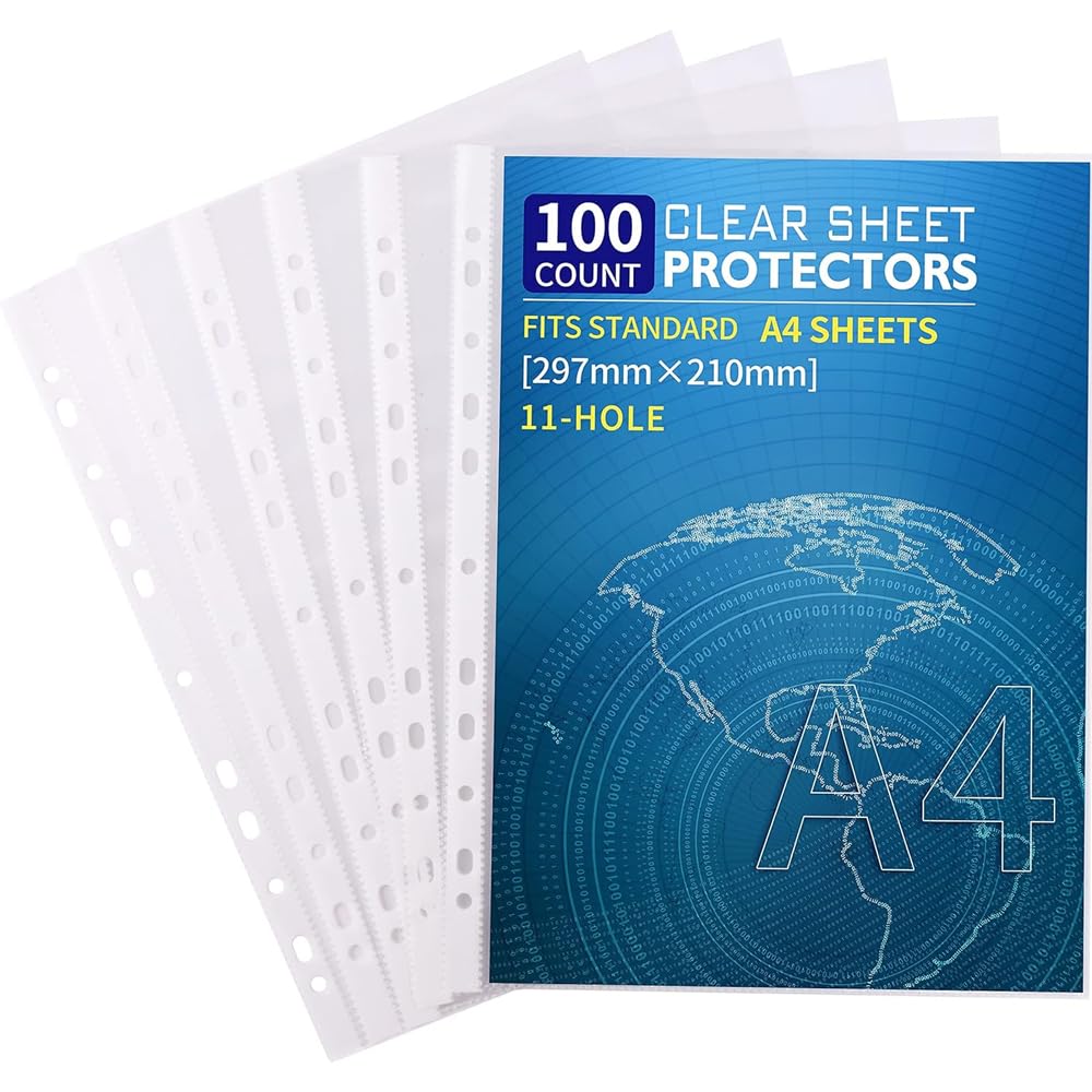 Clear Sheet Protectors For A4 Binders - 100 PCS Plastic Punched Pockets Folder, 11-Hole plastic Sleeves With Pockets, A4 Micro Transparent File Protector Best Folder plastic For Office or School Work