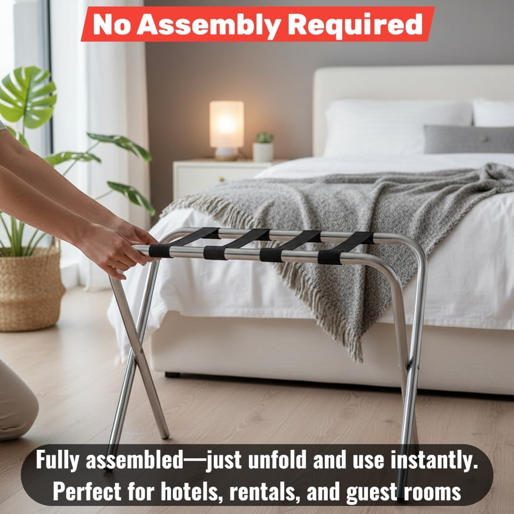 Folding Luggage Rack, Heavy-Duty Metal Frame, Foldable Suitcase Stand for Hotel Guest Room, Travel Bag Holder, Space-Saving Design (Chrome, Without Back / Guard)