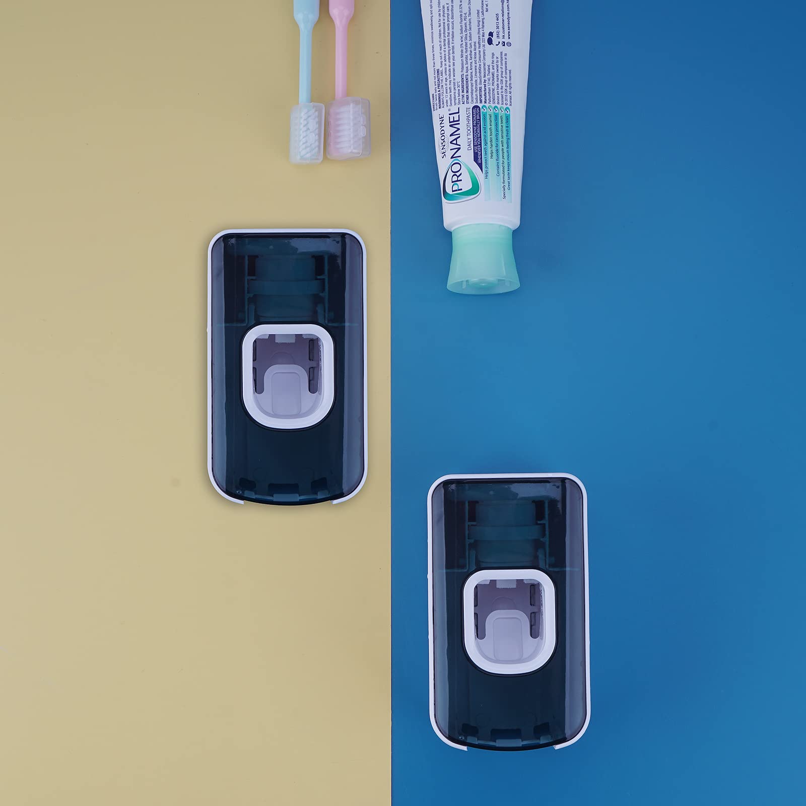 LUEXBOX Soporte de cepillo de dientes de 2 ranuras y dispensador de pasta de dientes montado en la pared, exprimidor automático de pasta de dientes, organizador de pasta de dientes 2 en 1 para ducha