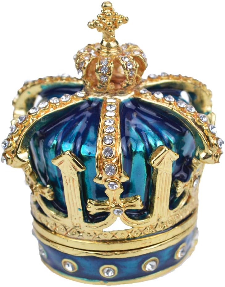 QIFU Hand Painted Enameled Blue Crown Style Decorative Hinged Jewelry Trinket Box Unique Gift for Home Decor
