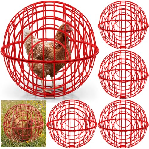 Leinuosen 4 Pack Chicken Ball Cage Movable Mesh Rabbit Coops Plastic Detachable Rolling Safety Hutch Prevents Dog Bites Horse Trampling for Bird Duck Outdoor(Red)
