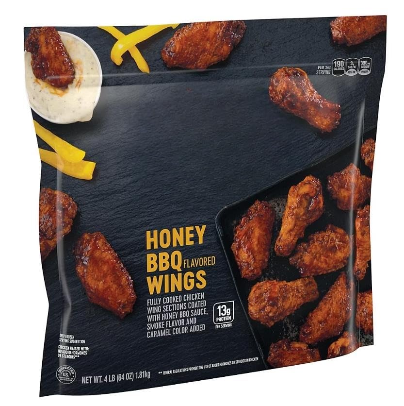 Honey BBQ Bone-In Chicken Wings , The flat and drumette wing sections are covered in sweet, smoky honey BBQ sauce for a savory flavor. These chicken wings are fully cooked and ready-to-eat for a protein packed snack. Simply heat in an oven or microwave and serve with honey mustard dipping sauce, sliced celery and carrot sticks for a flavorful appetizer. [ 64 oz , 4 lb ]