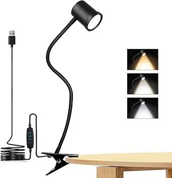 Lampe de lecture à clipser 3 modes et 10 luminosités – Lampe de bureau avec col de cygne à 360° et fonction mémoire pour lit, livres et tête de lit
