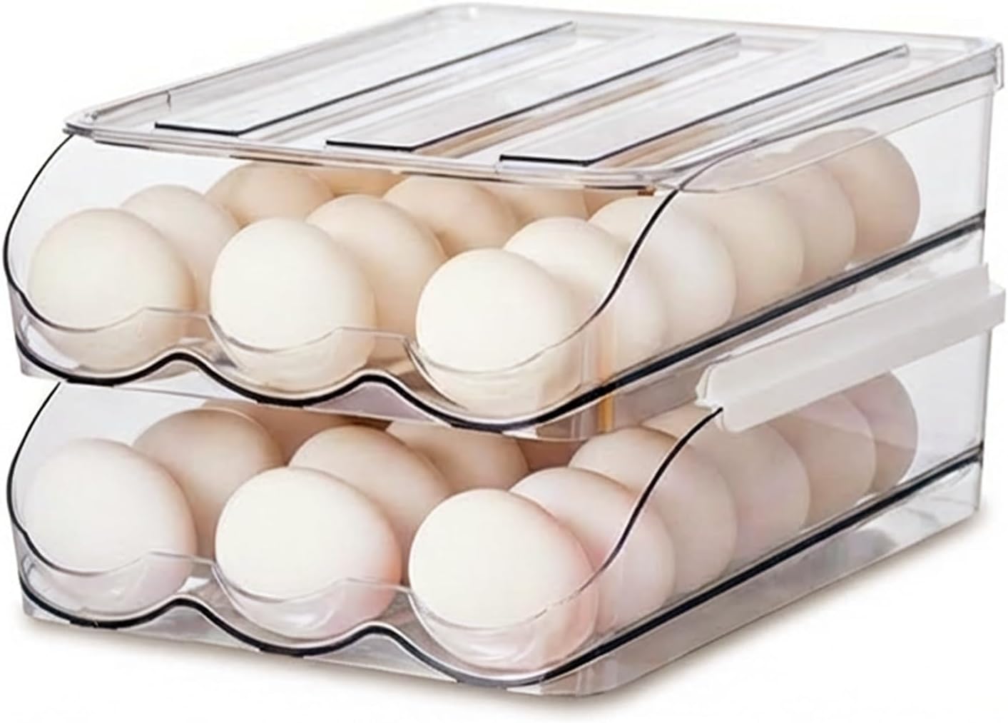 2 Tier Egg Holder for Refrigerator with Lid, Large Capacity Holds 36 Eggs in Clear Plastic Container Stackable Bin Organizer for Kitchen Storage, Refrigerator